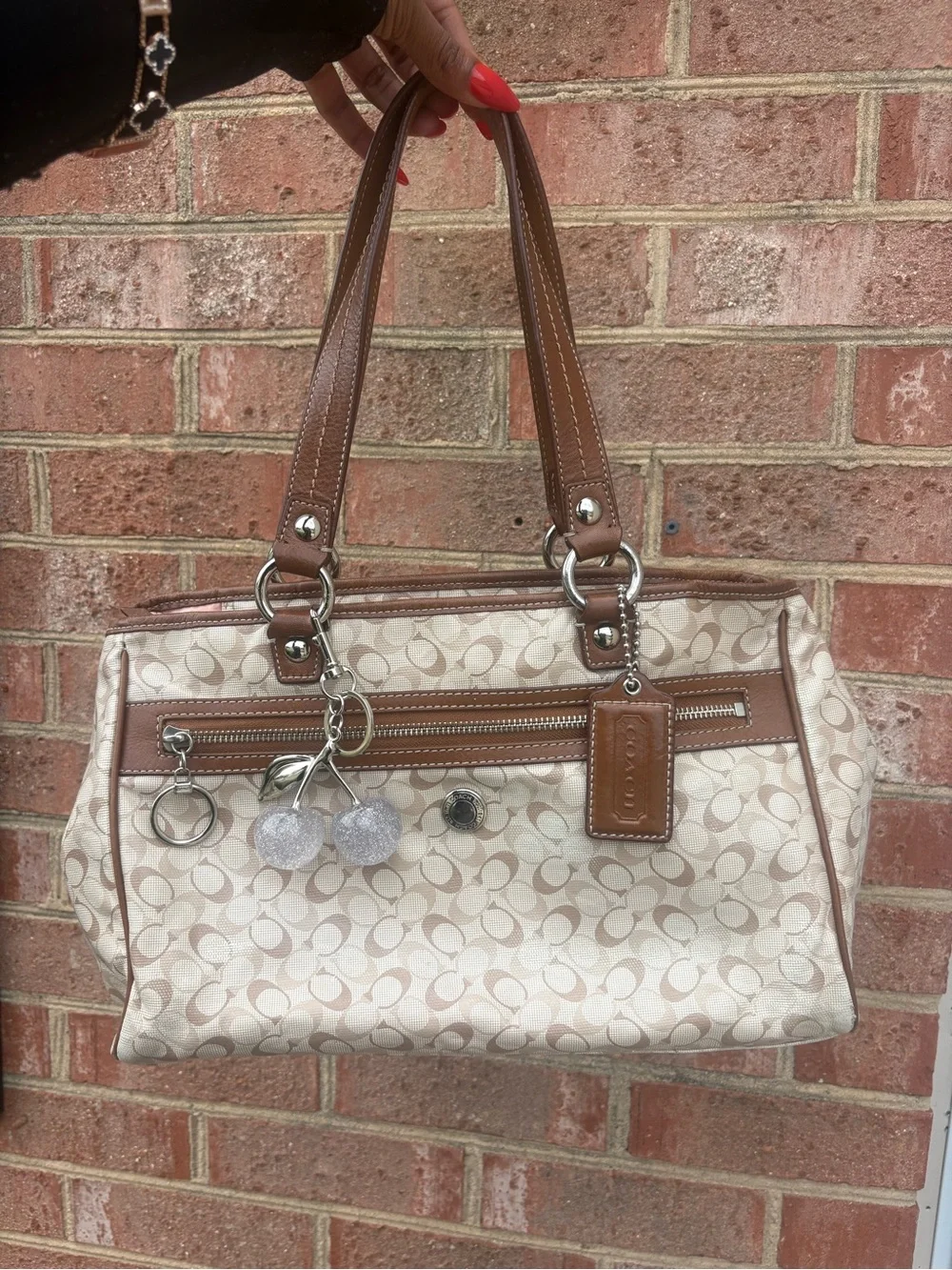 Coach Beige Signature Canvas Shoulder Bag with Brown Trim